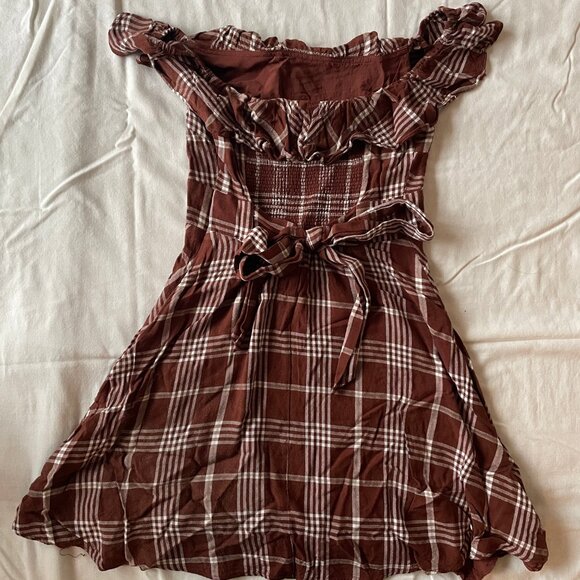 Cottagecore Dark Brown Plaid Lined Mini Dress Ruffle and Tie - Picture 2 of 8